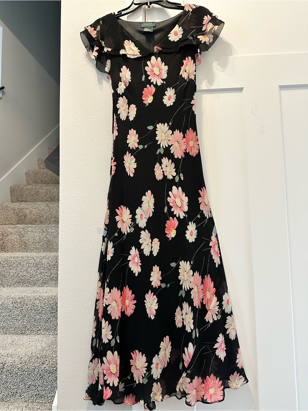 Ralph Lauren Black Maxi Dress with Pink & White Floral Print 100% silk size 6